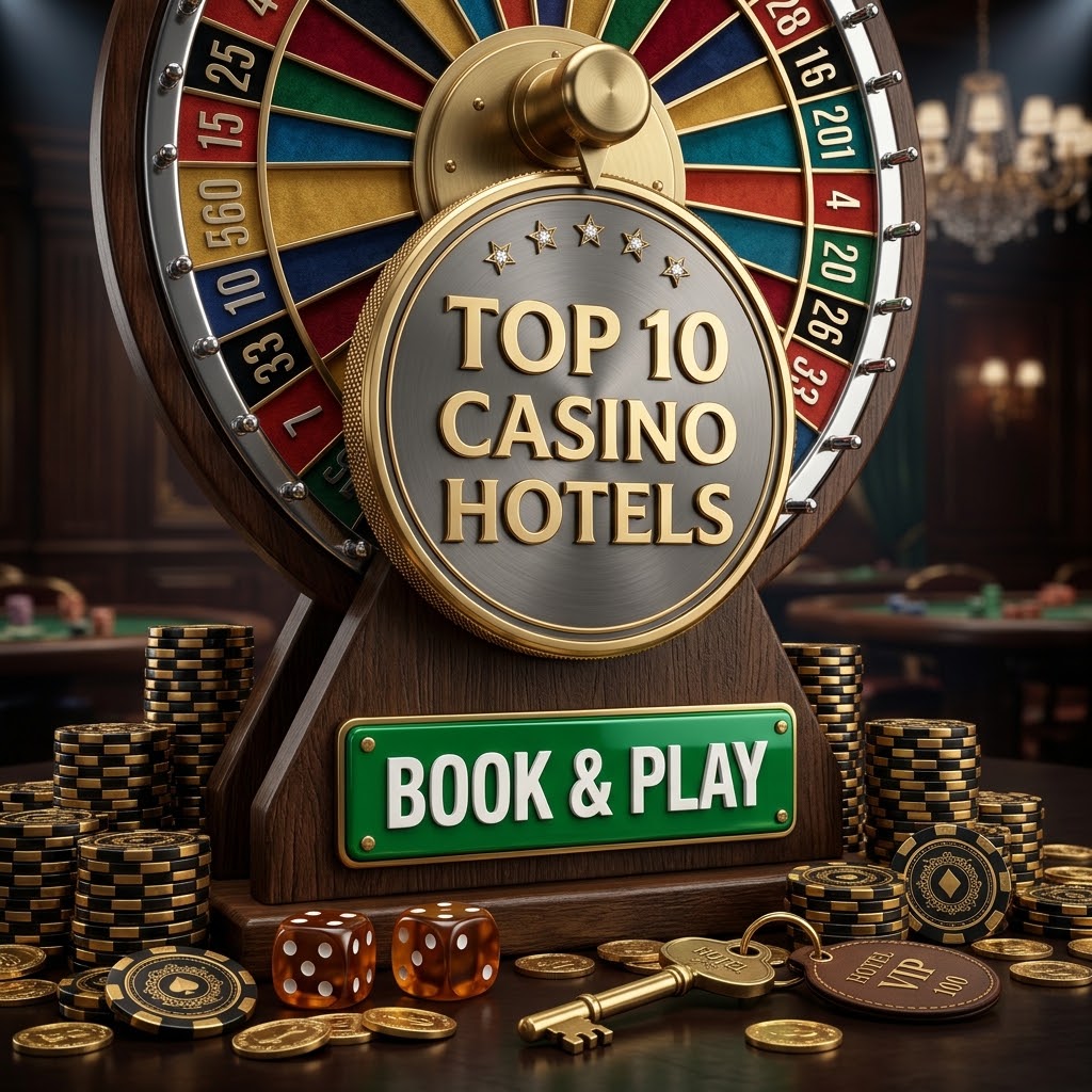 Top 10 Casino Hotels promotional graphic featuring a golden plaque, a prize wheel, poker chips, and a VIP hotel key in a luxury casino setting.